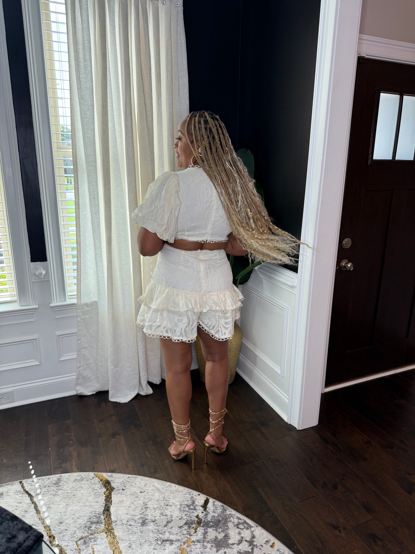 Ivory Lace Trim Puff Sleeve Romper