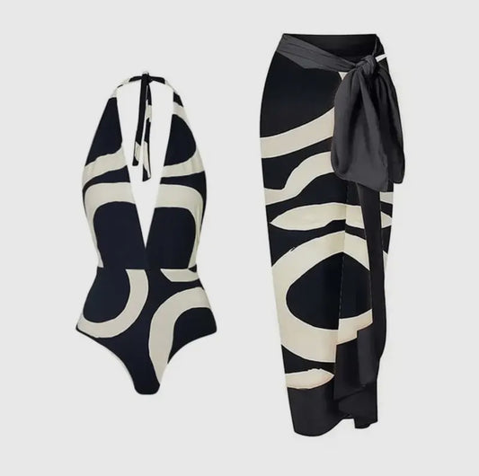 Black & White Halter Swimsuit & Cover Up