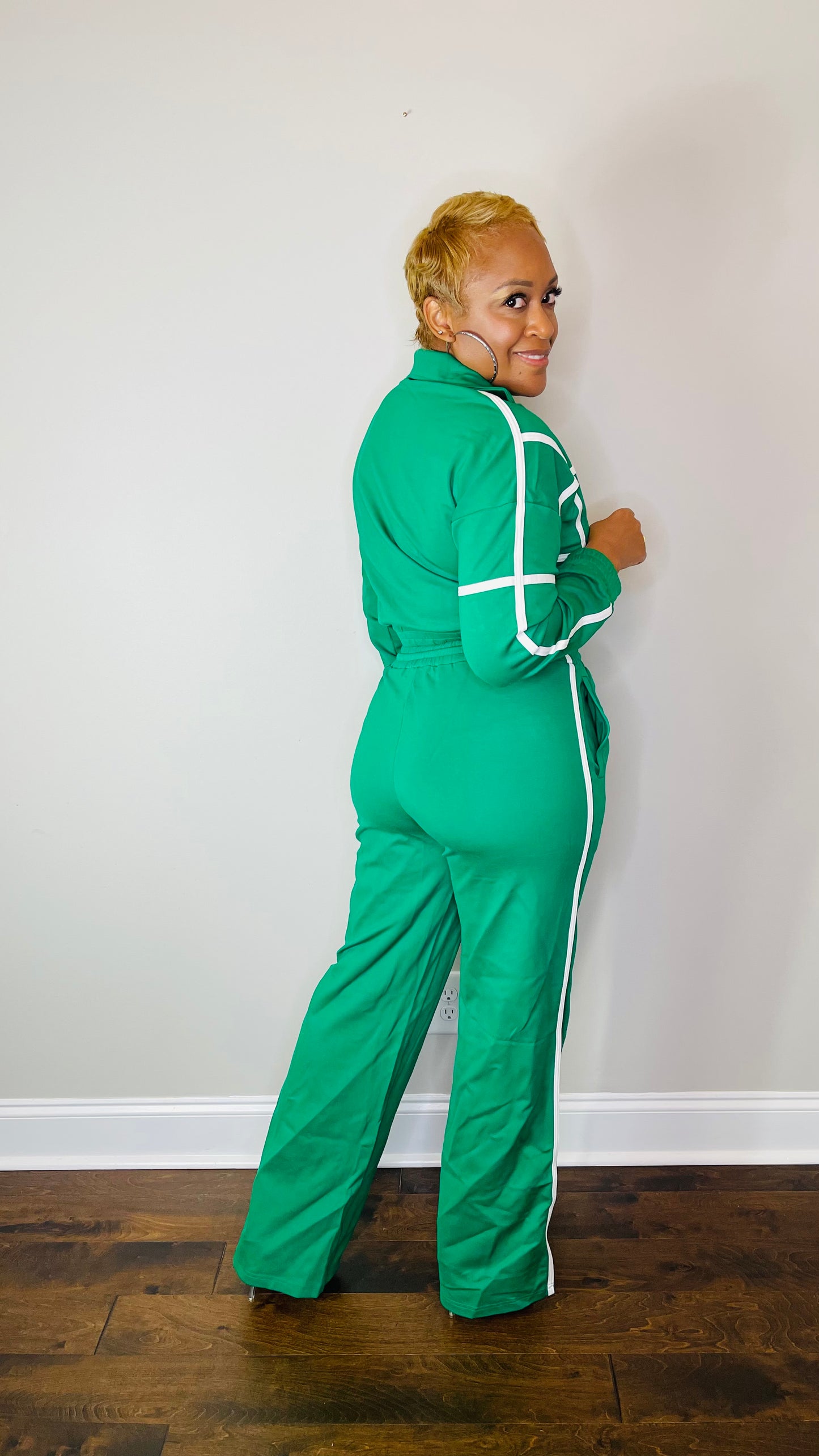 Green Tracksuit with White Contrasting Stripes