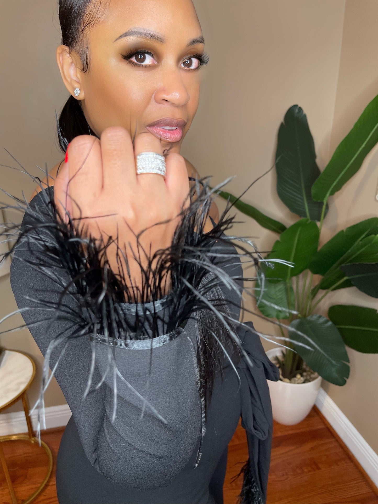 One Shoulder Feather Jumpsuit