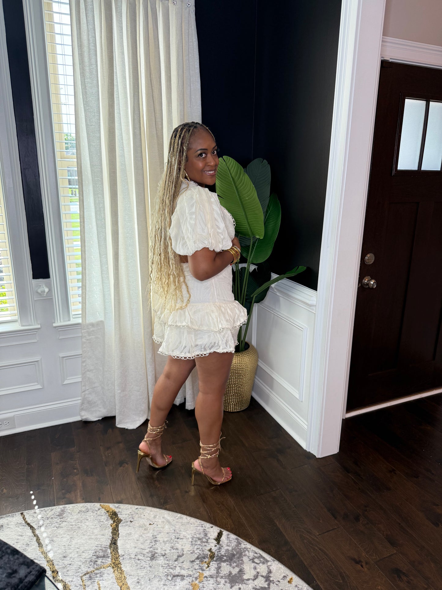 Ivory Lace Trim Puff Sleeve Romper