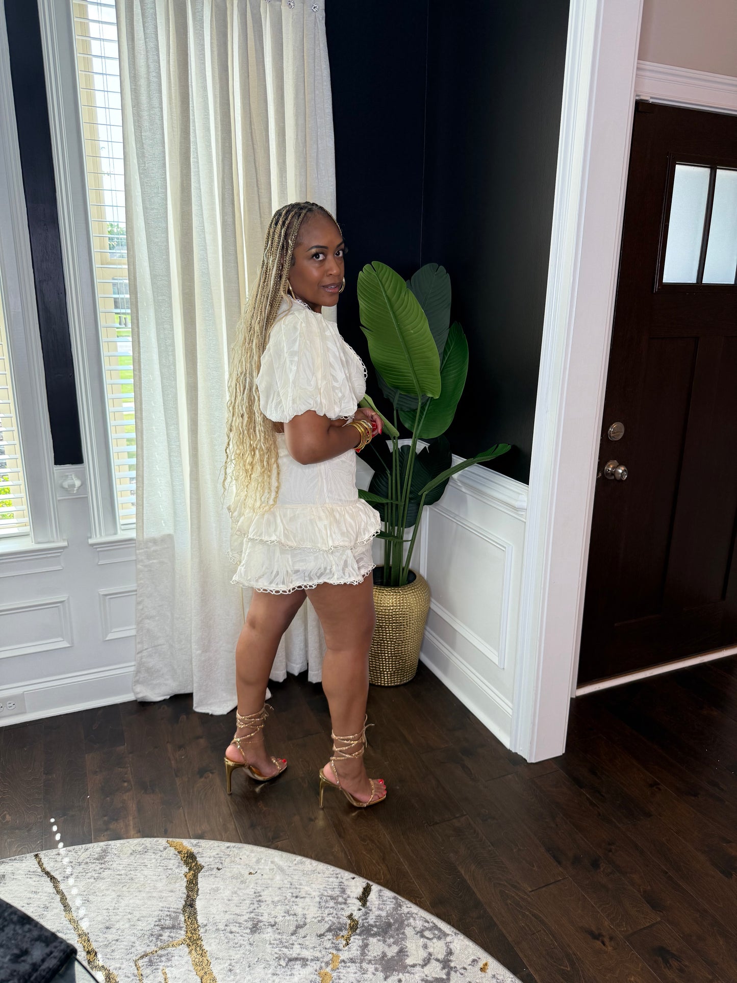 Ivory Lace Trim Puff Sleeve Romper