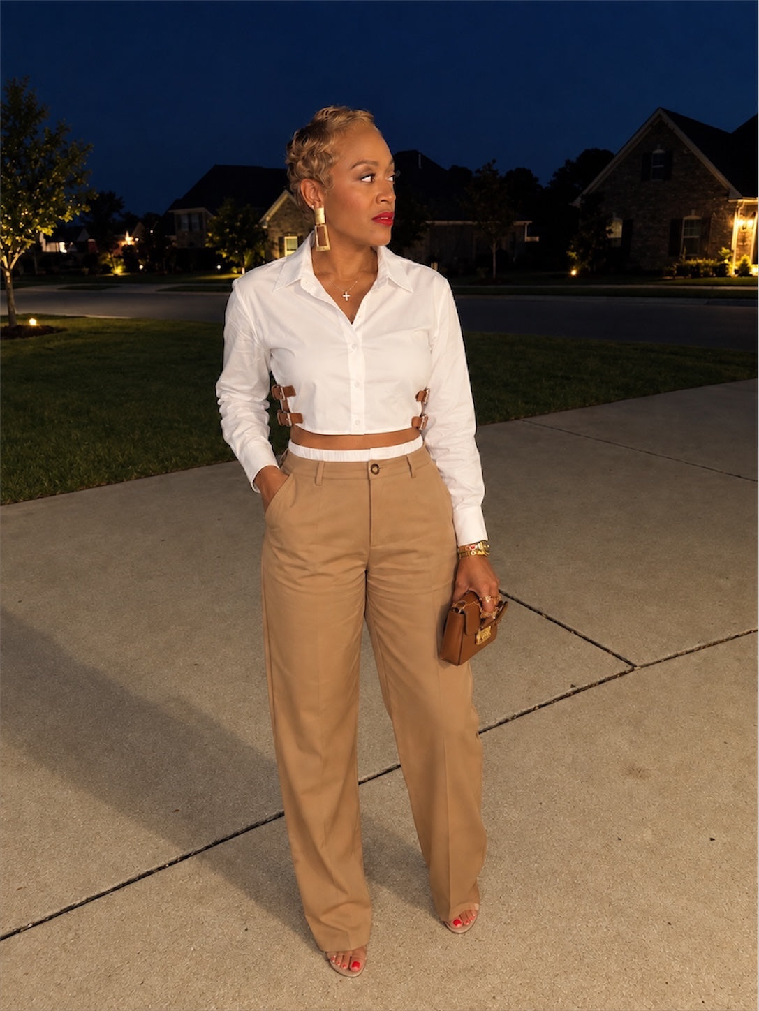 The Sutton Buckle Pant Set in white and camel styled by Bella Noire
