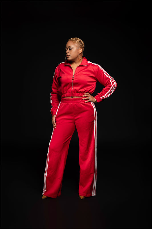 Striped Wide Leg Jogger Set - Red