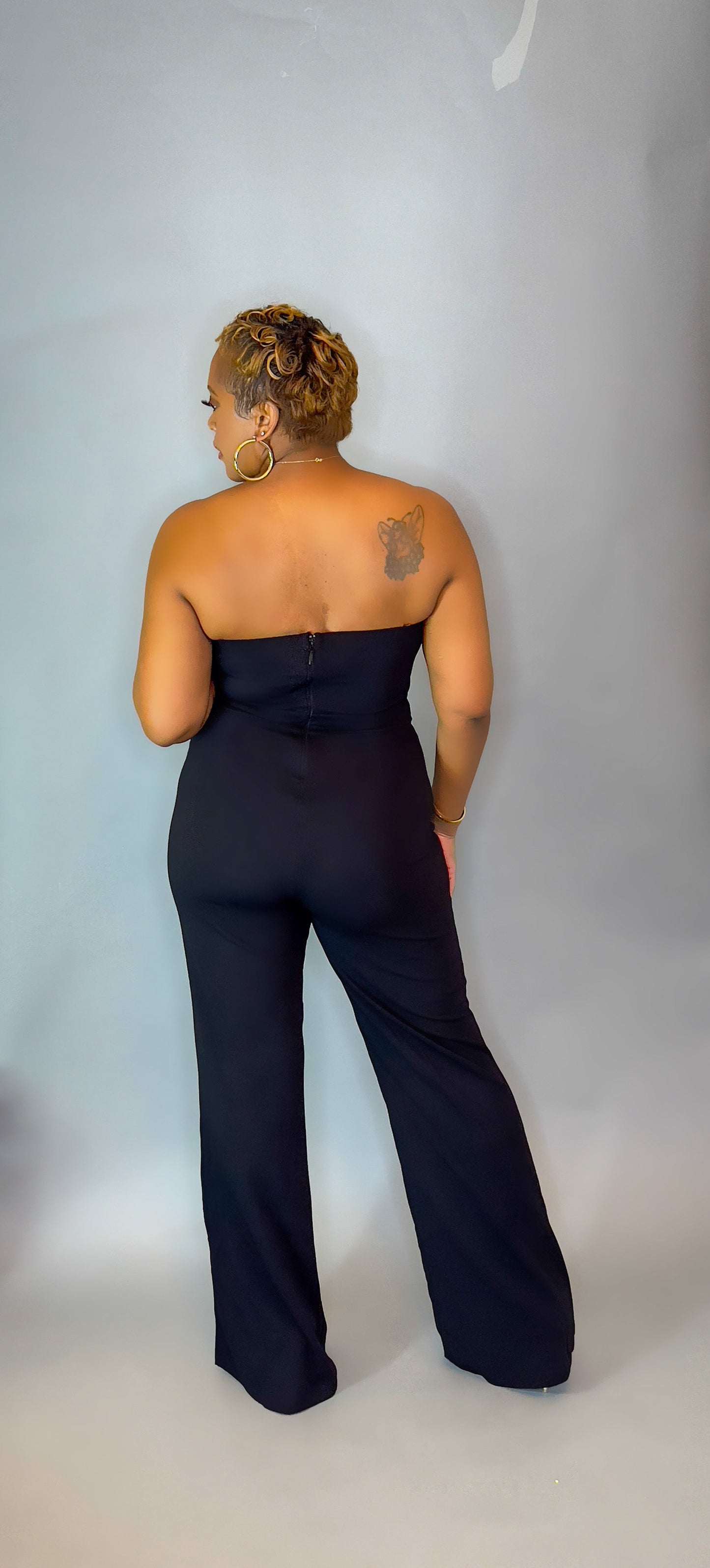 Black Sleeveless Jumpsuit with Large Gold Button Details