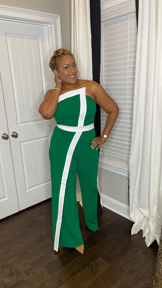 Green & White Colorblock Jumpsuit