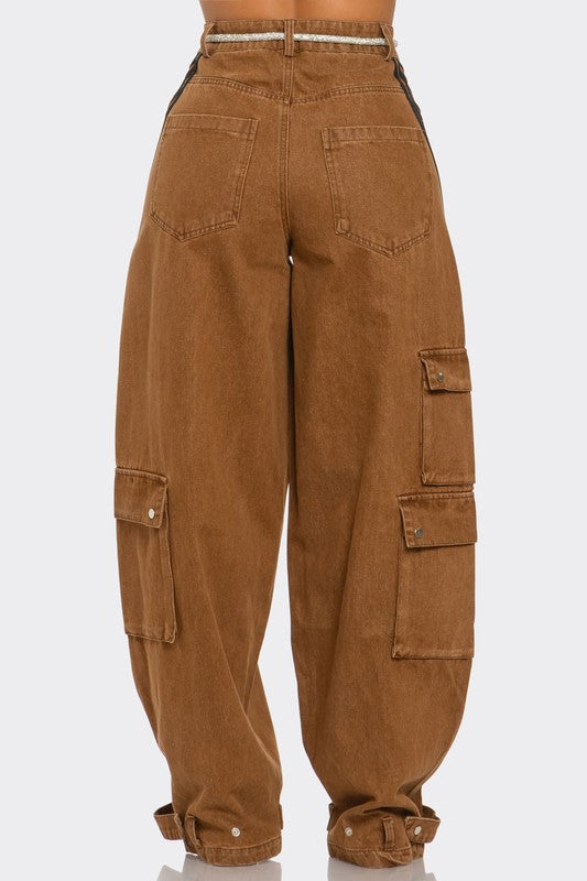 Triple Striped Cargo Jeans - Brown