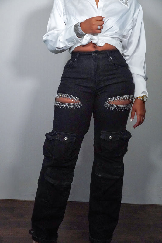 Rhinestone Embellished Cargo Jeans