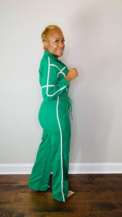 Green Tracksuit with White Contrasting Stripes