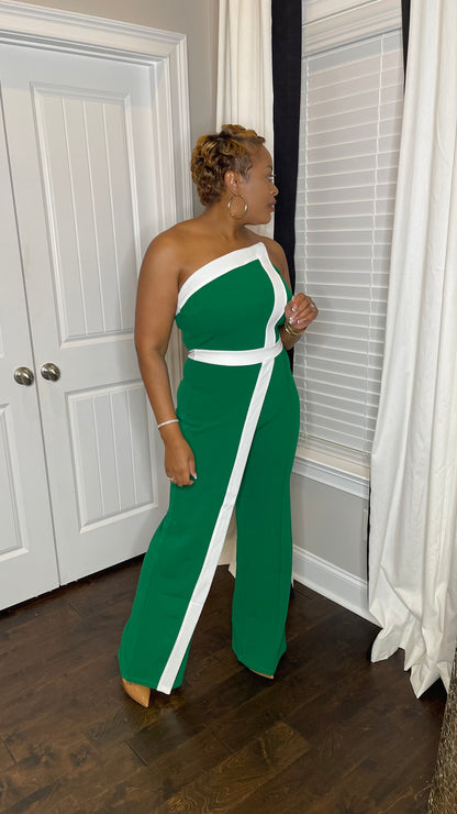 Green & White Colorblock Jumpsuit