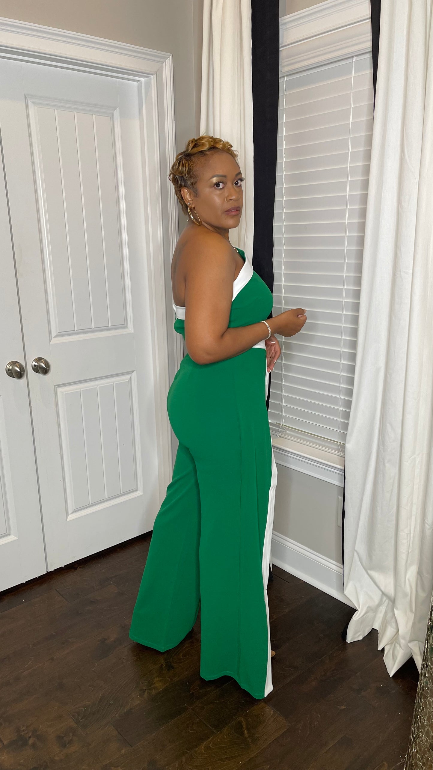 Green & White Colorblock Jumpsuit