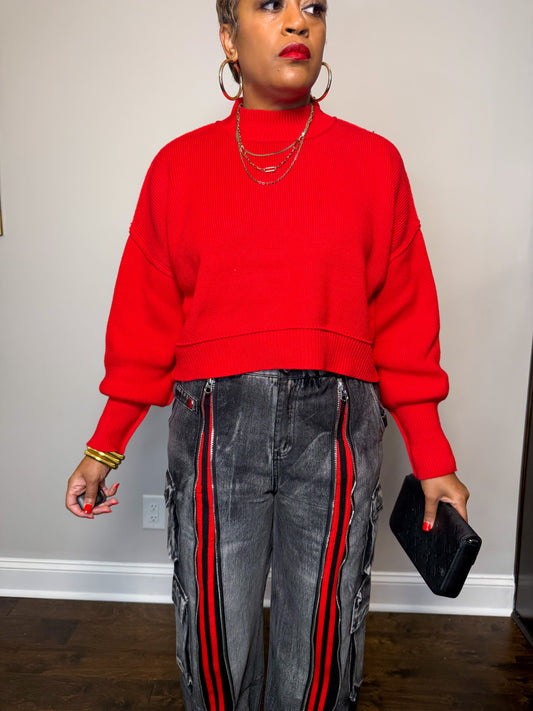 Red Oversized Pullover Cropped Sweatshirt
