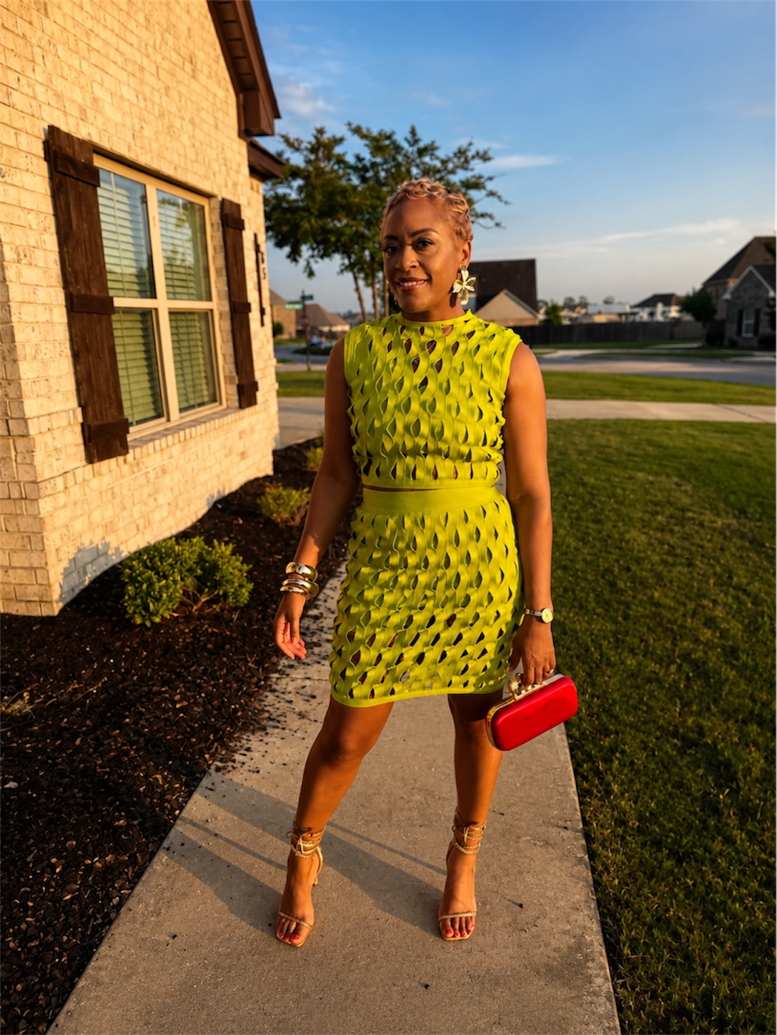 Lime Cutout Textured Skort Set