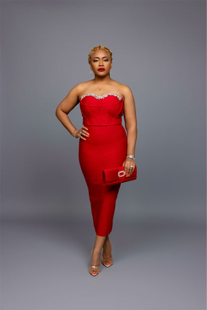 Red Bandage Midi Dress with Embellishments