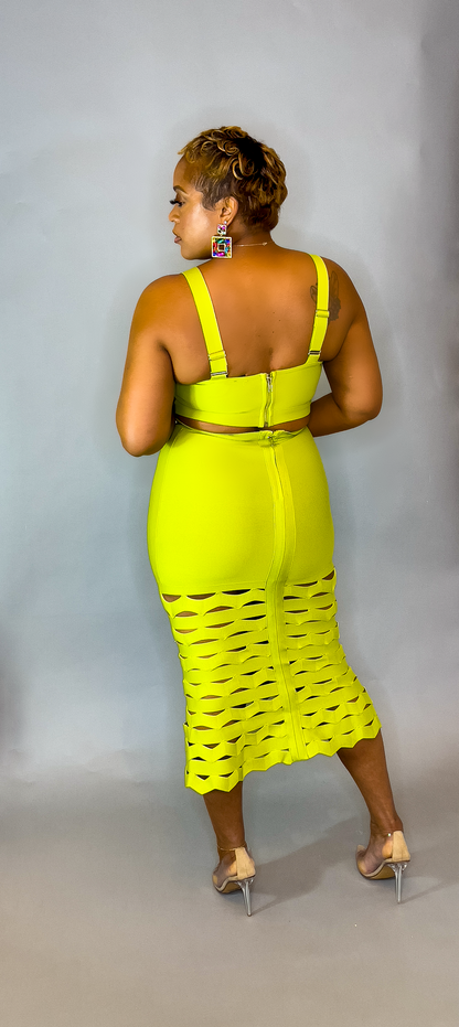 Chartreuse Bandage Skirt Set with Cutouts