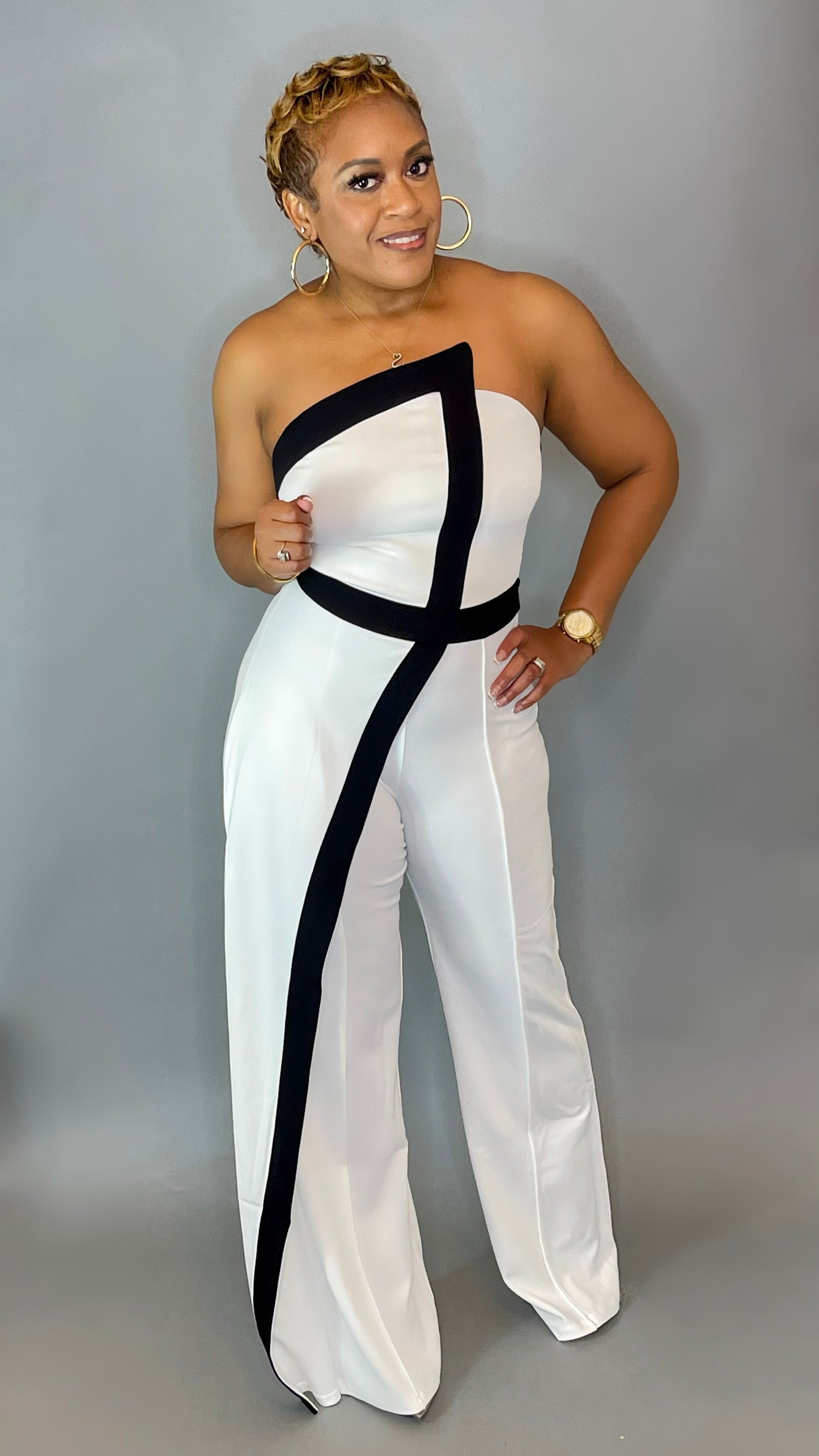 Cream  & Black Colorblock Jumpsuit