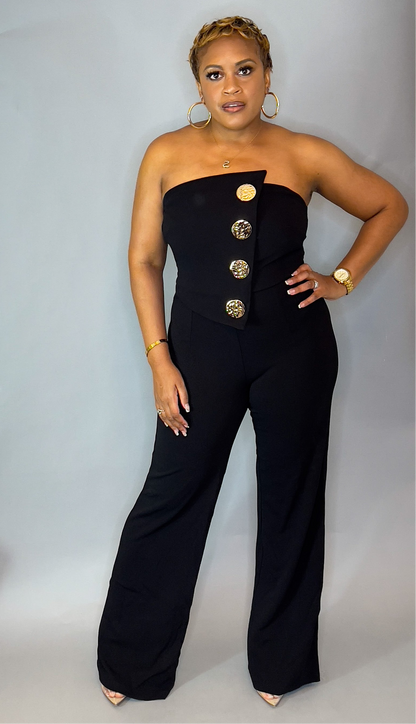 Black Sleeveless Jumpsuit with Large Gold Button Details