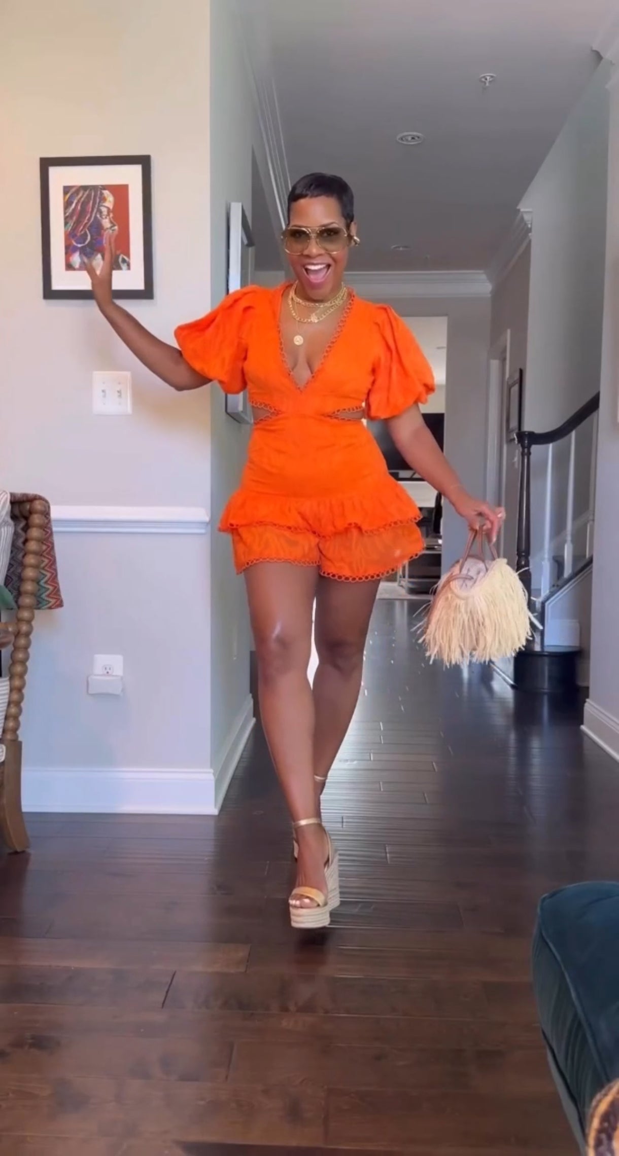 Orange Lace Trim Puff Sleeve Romper