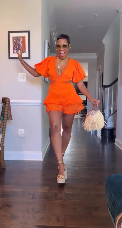 Orange Lace Trim Puff Sleeve Romper