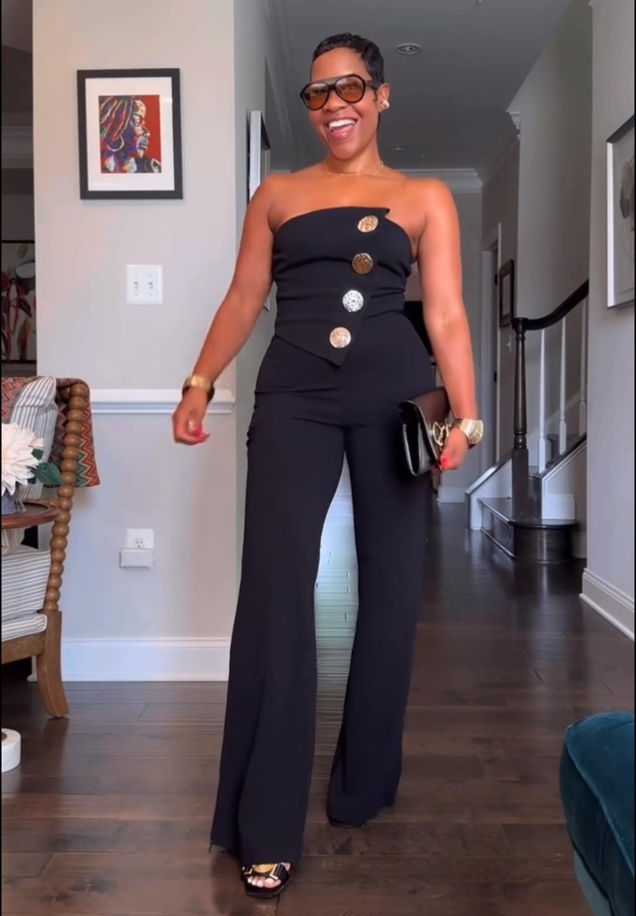 Black Sleeveless Jumpsuit with Large Gold Button Details