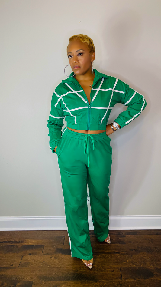 Green Tracksuit with White Contrasting Stripes