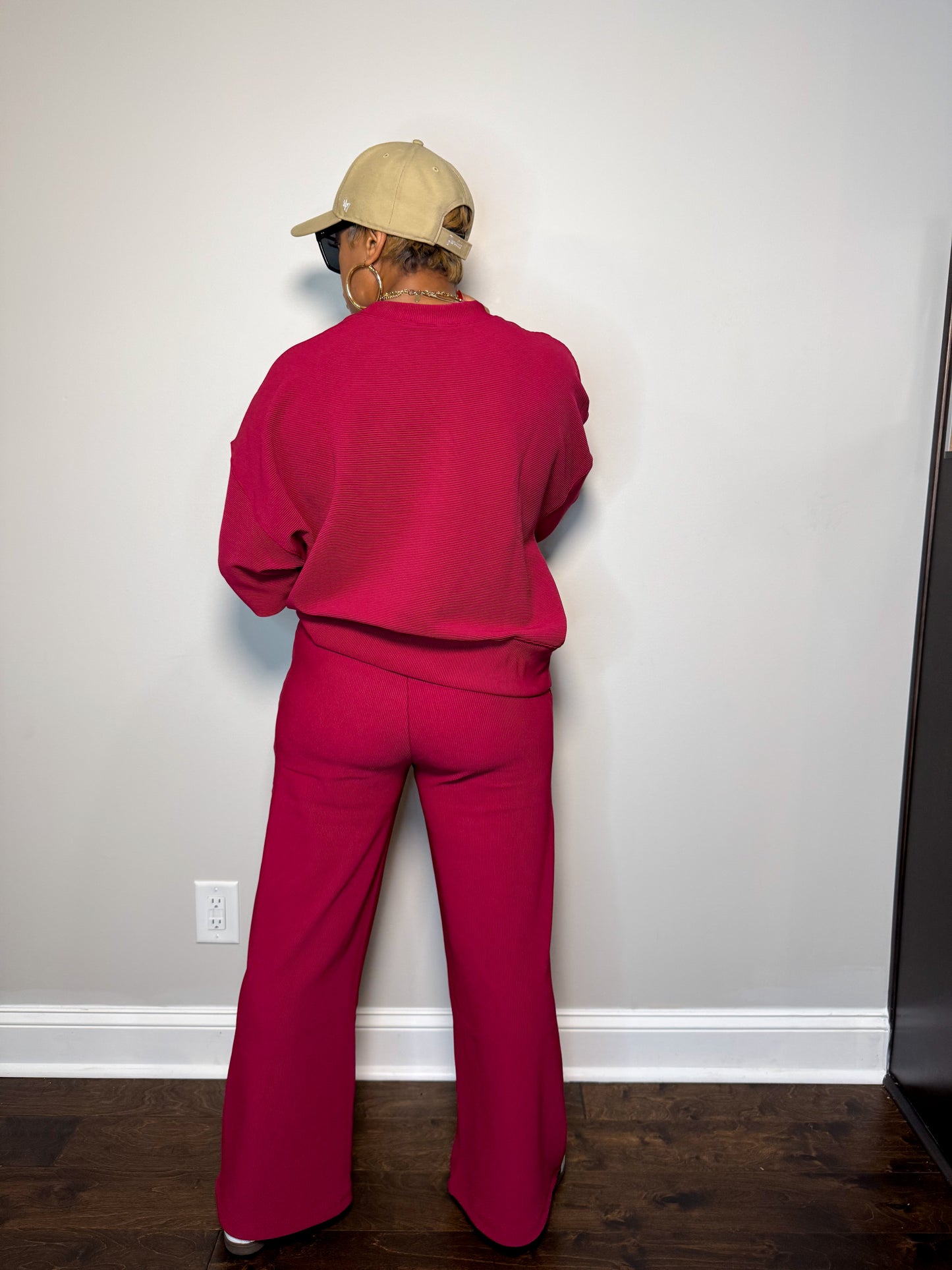 Wine Ribbed Lounge Set | Oversized Top & Wide Leg Pants