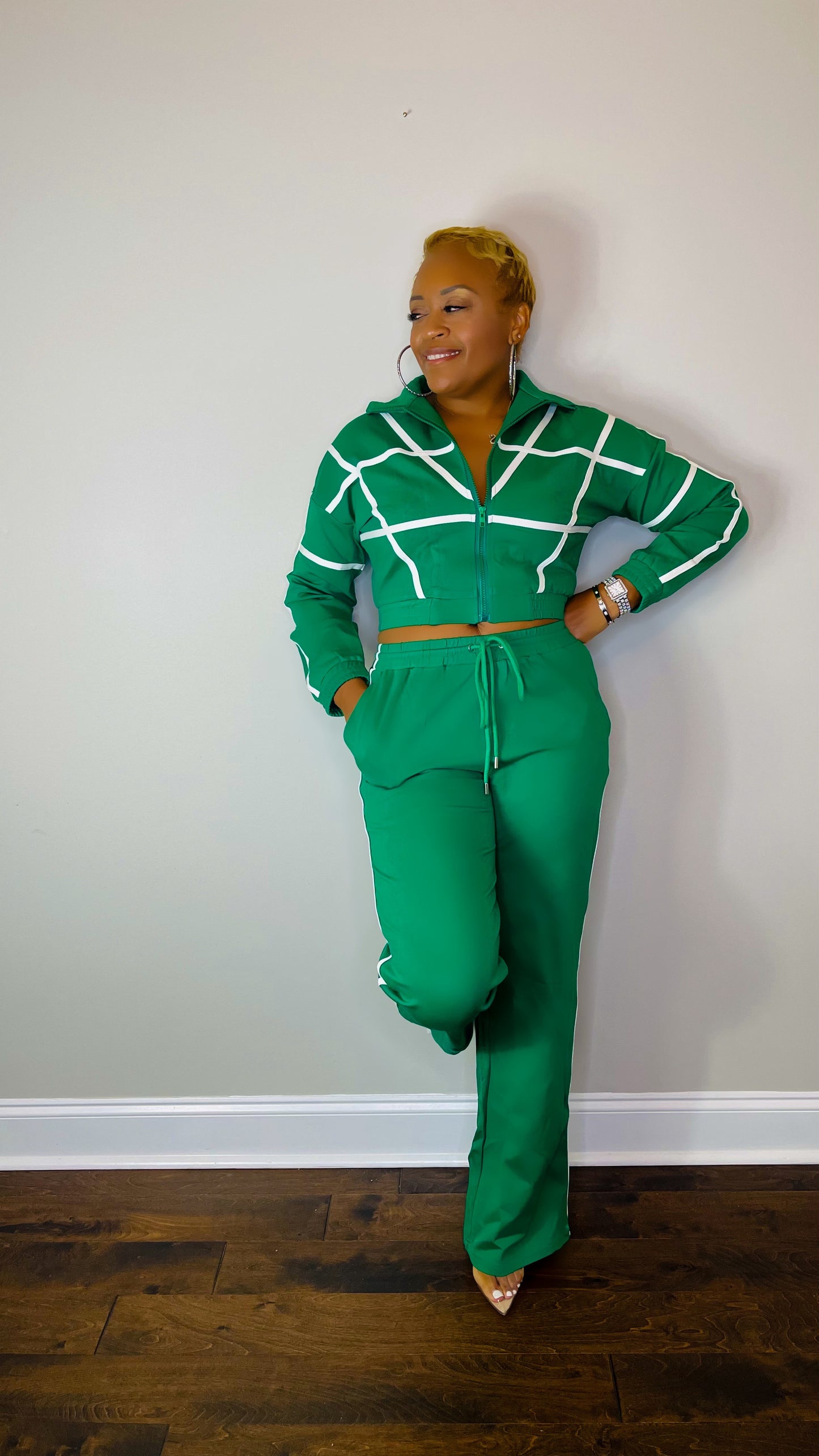 Green Tracksuit with White Contrasting Stripes