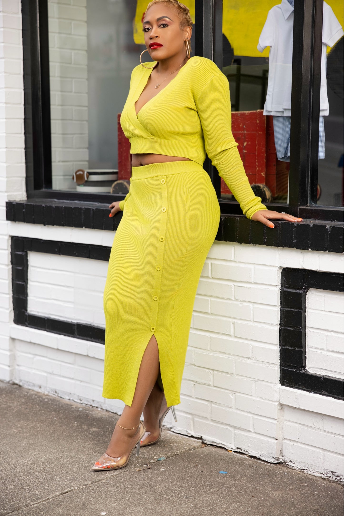 Ribbed Knit Skirt Set - Chartreuse