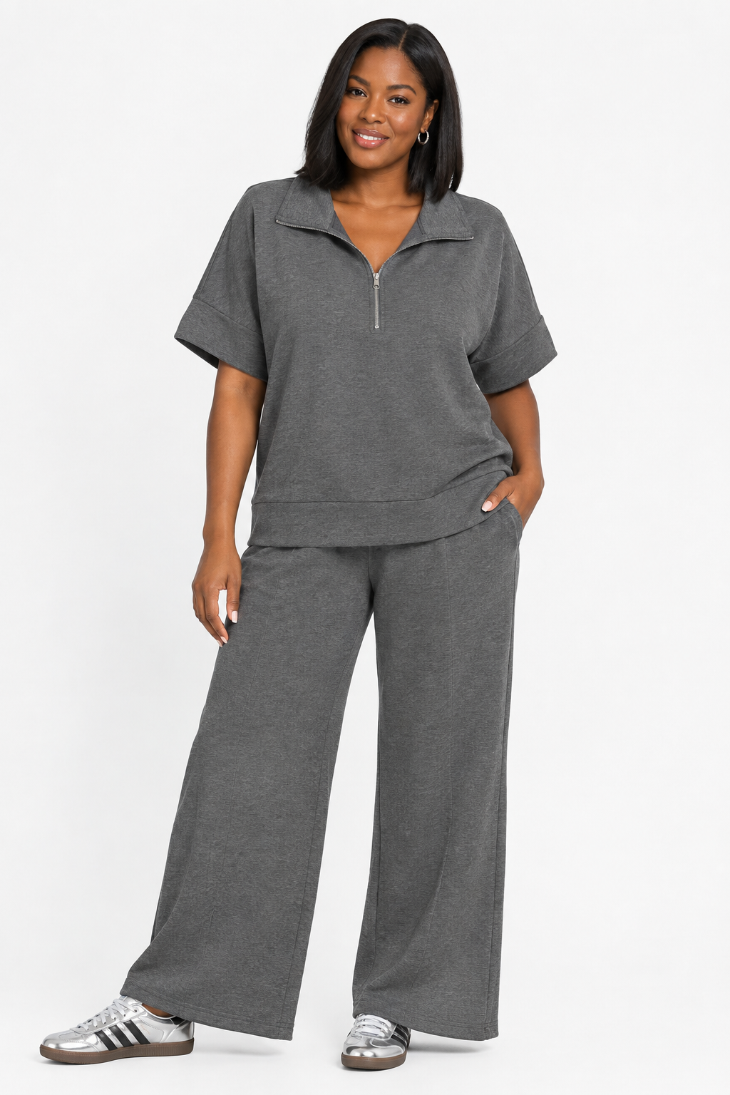 Plus Size Quarter Zip Wide Leg Pant Set