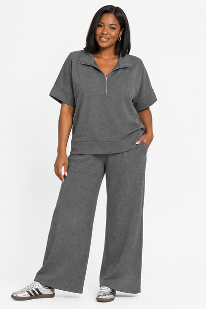 Plus Size Quarter Zip Wide Leg Pant Set