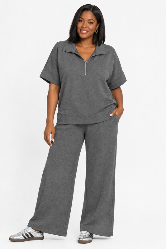 Plus Size Quarter Zip Wide Leg Pant Set
