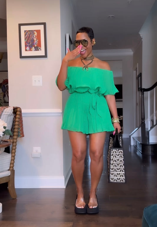 Green Pleated Off the Shoulder Romper