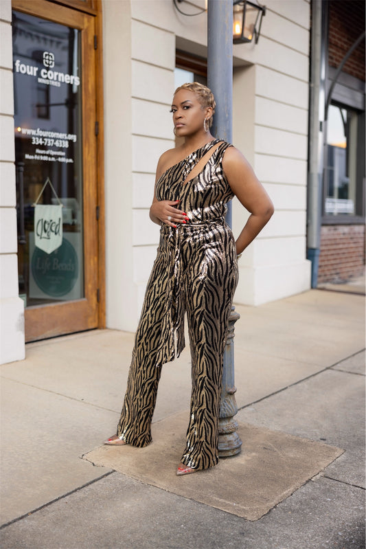 Golden Glam Sequin Animal Print Jumpsuit