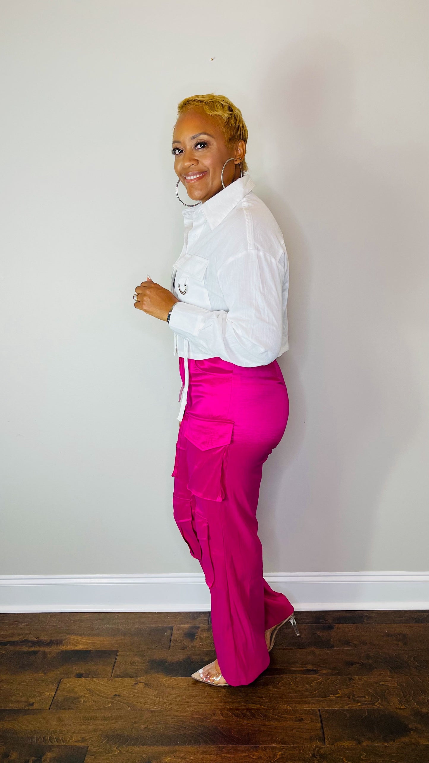 Pink Satin Cargo Pants