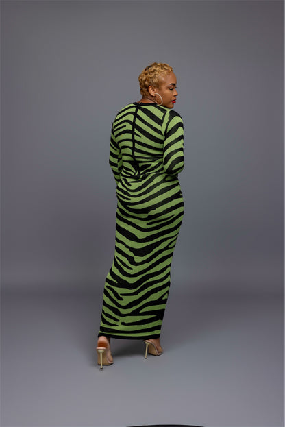 Green & Black Zebra Print Knit Maxi Dress