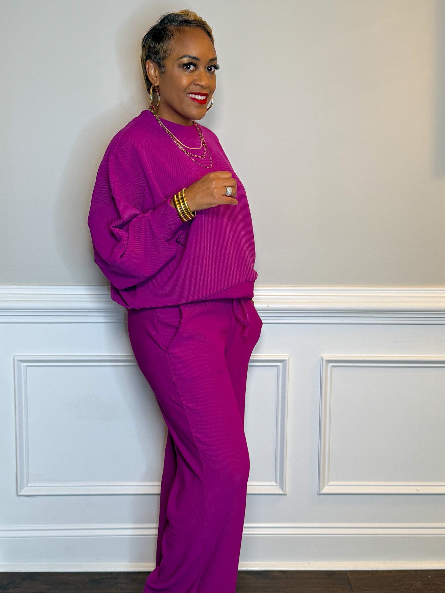Light Plum Ribbed Lounge Set | Oversized Top & Wide Leg Pants