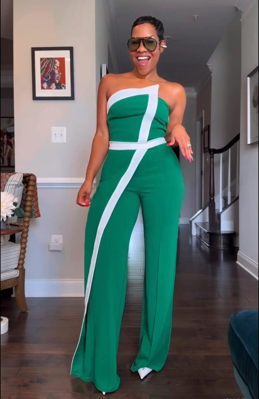 Green & White Colorblock Jumpsuit