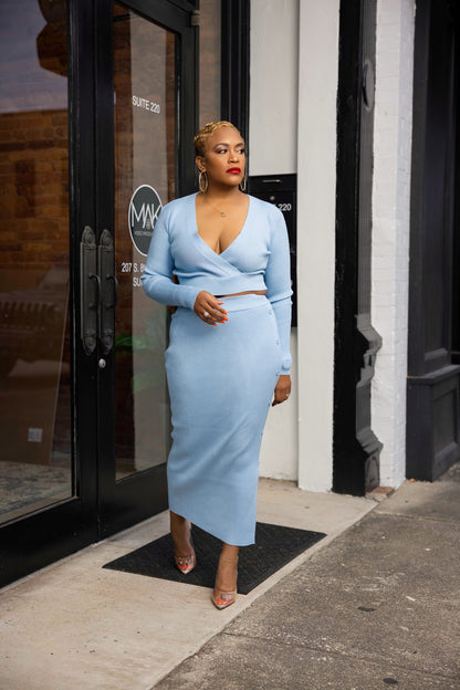 Ribbed Knit Skirt Set Blue