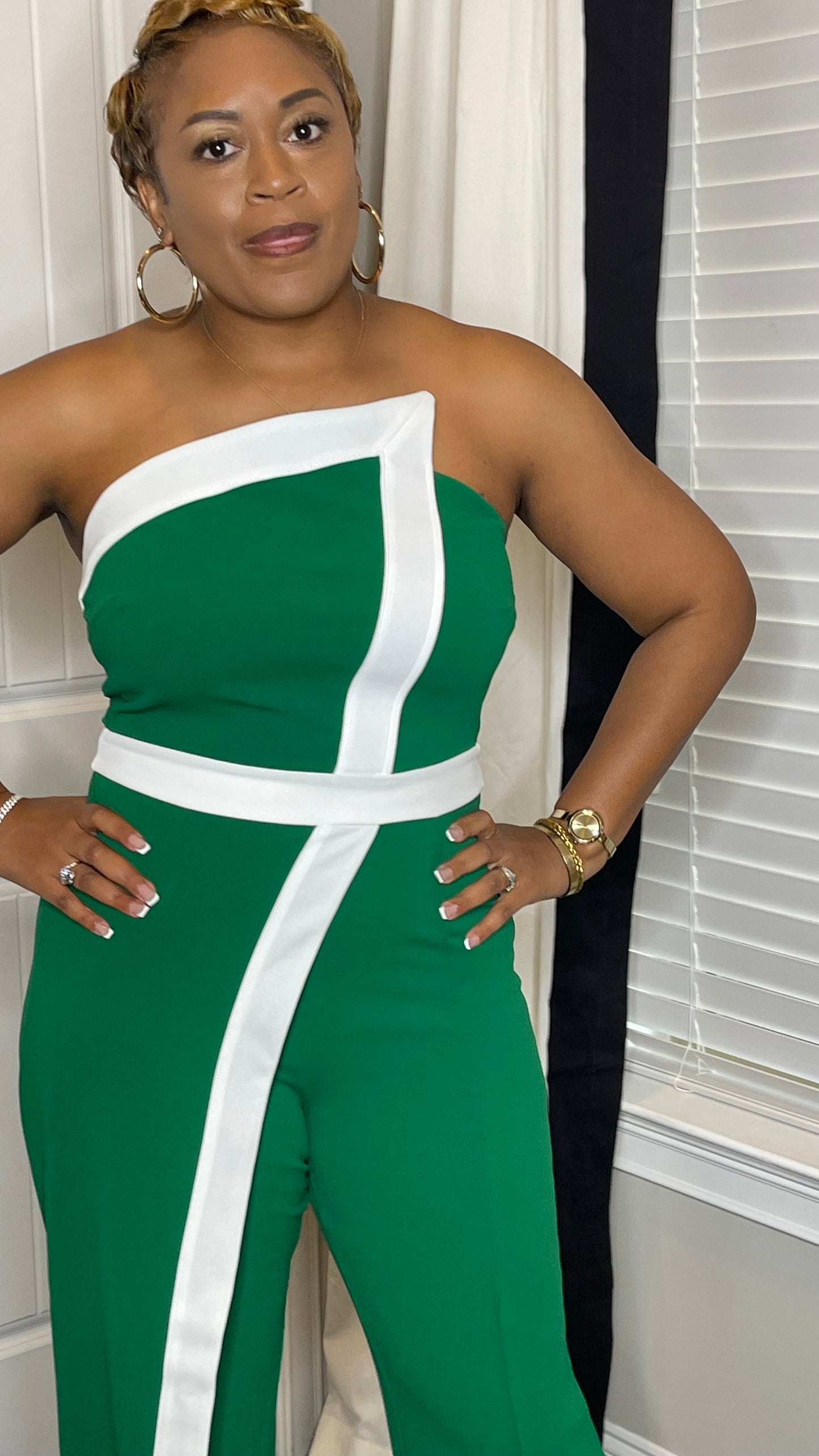 Green & White Colorblock Jumpsuit