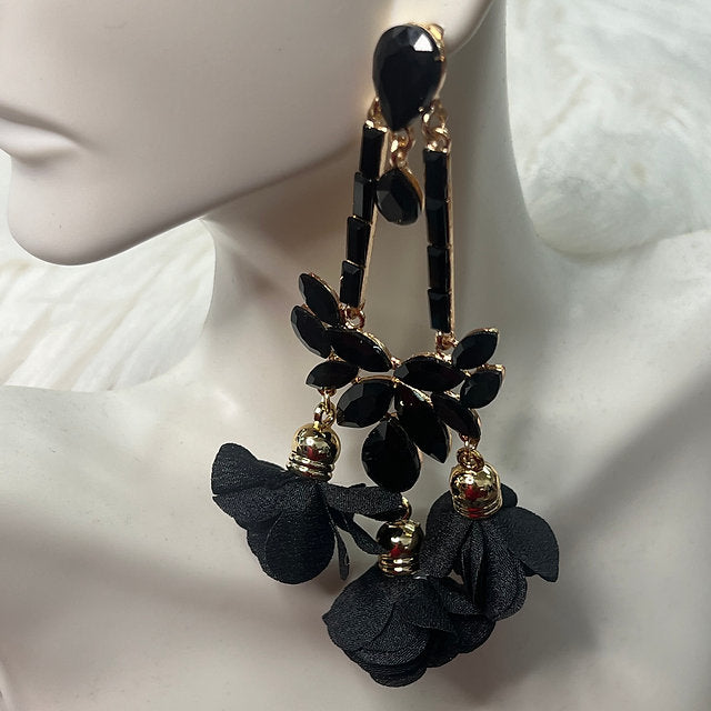 Black Flower & Rhinestone Drop Earrings