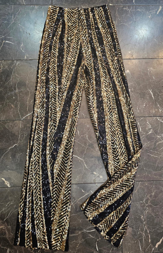 Black & Gold Flare Sequin Trousers