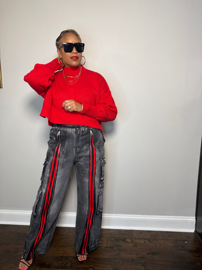 Black & Red Retro Front-Zip Baggy Denim Jeans