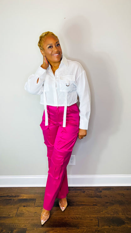 Pink Satin Cargo Pants