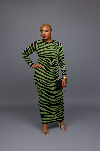 Green & Black Zebra Print Knit Maxi Dress