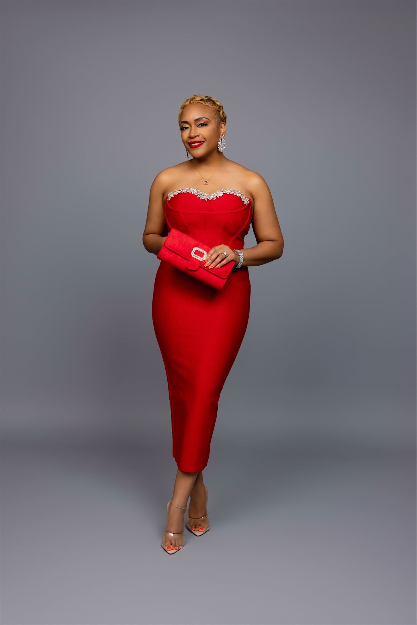 Red Bandage Midi Dress with Embellishments