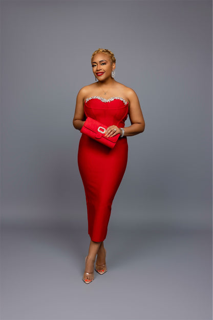 Red Bandage Midi Dress with Embellishments