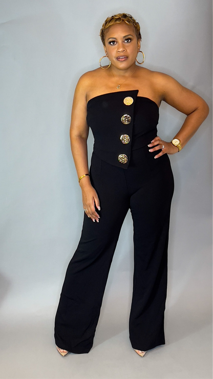 Black Sleeveless Jumpsuit with Large Gold Button Details