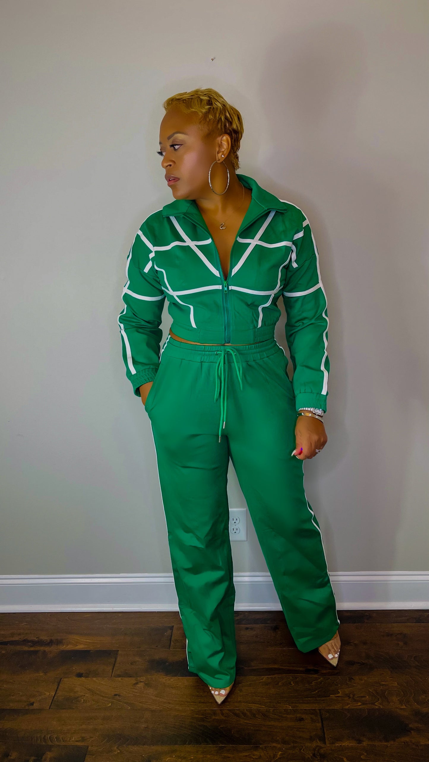 Green Tracksuit with White Contrasting Stripes