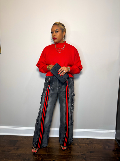 Red Oversized Pullover Cropped Sweatshirt
