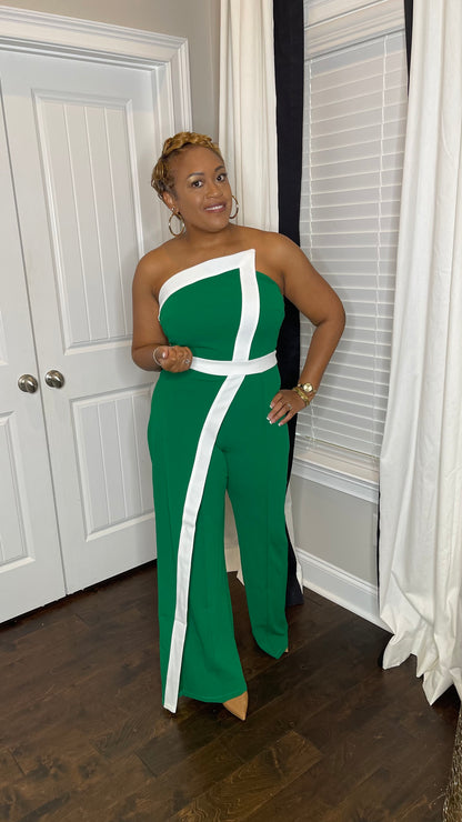 Green & White Colorblock Jumpsuit